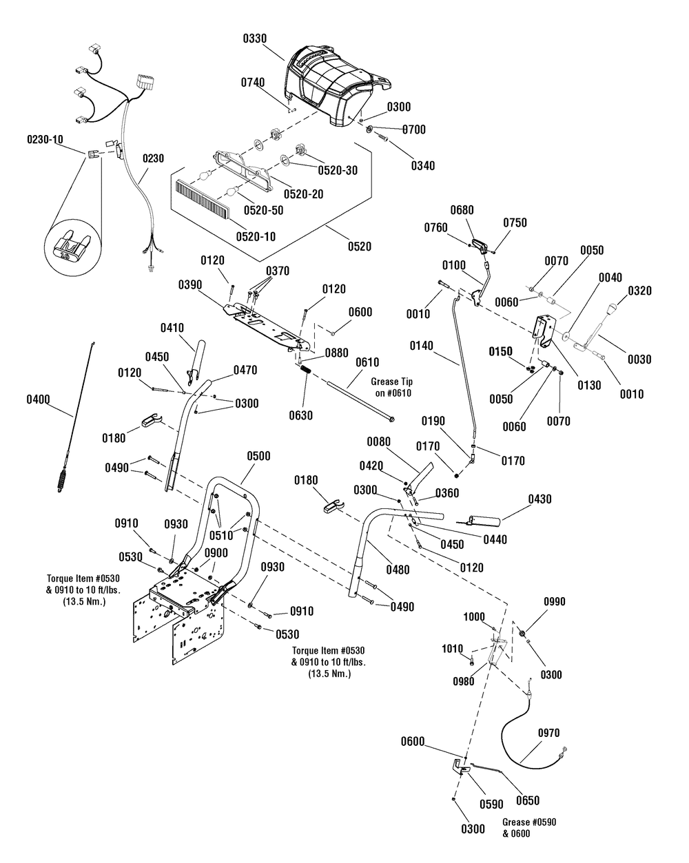 Handles And Controls Group Diagram and Parts List for 1695868-CM741450H 2010 Briggs and Stratton Snow Blower